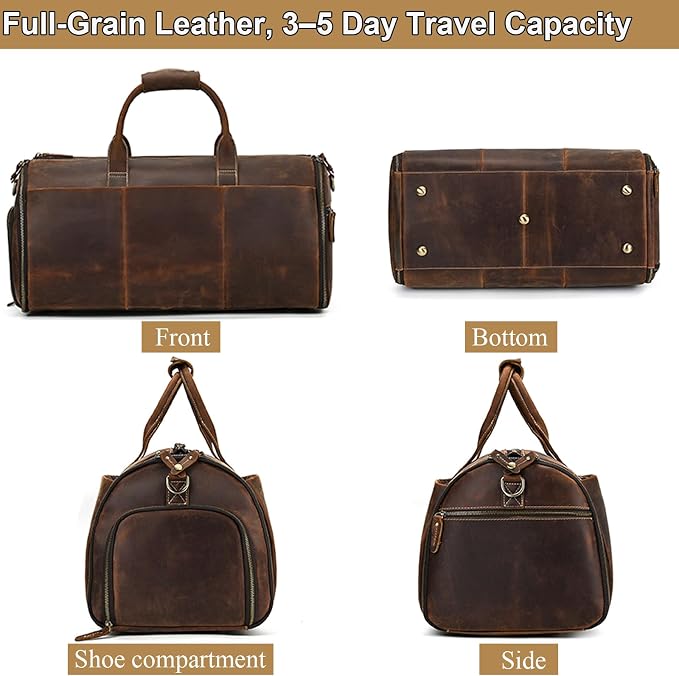 Full Grain Genuine Leather 2-in-1 Garment Dufflel Bag for Men Foldable Suit Carrier with Independent Shoe Compartment, Large Capacity Weekender Overnight Travel Bag for Business Trips, Coffee - Image 3