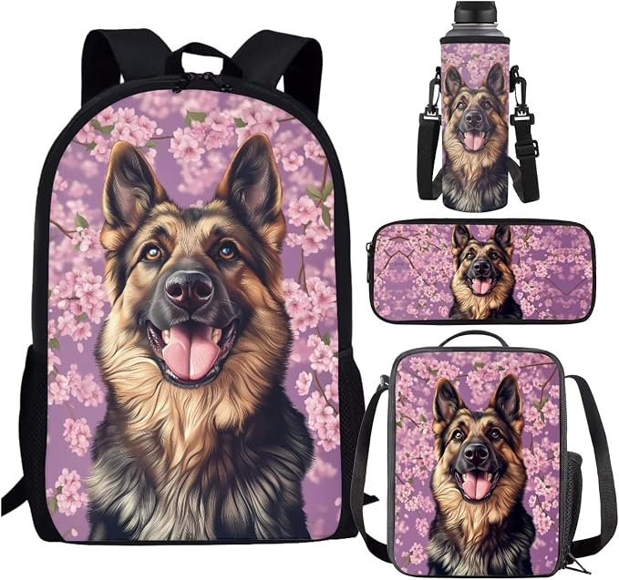German Shepherd Backpack for School Girls 3rd Grade Preppy Dog Kids Bookbag with Lunch Box Set Cherry Blossom Elementary Back Pack Book Bags Lunchbox Water Bottle Holder Pencil Case 6-8/8-10 by SCRAWLGODDreamWardrobe