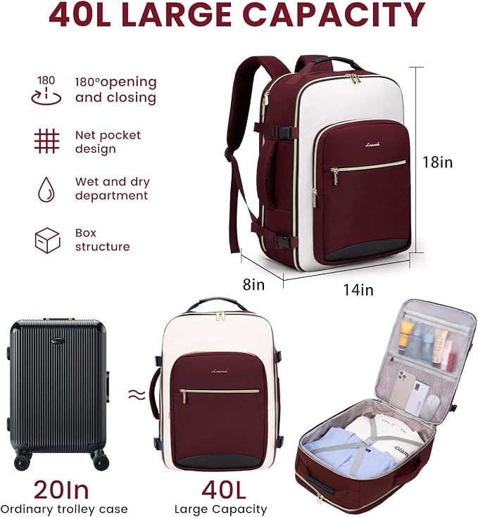 LOVEVOOK 40L Large Travel Backpack for Women Men, 17 Inch Carry on Backpack for Traveling on Airplane, Personal Item Travel Bag Airline Approved, Business Causal Weekender Backpacks - Image 2
