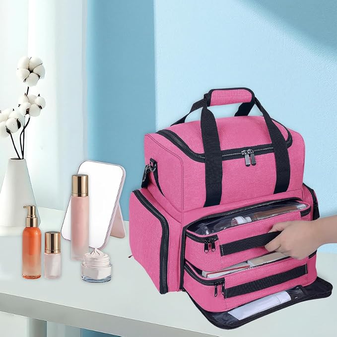 Large Makeup Bag with 2 Removable Case Cosmetic,Red | Large Makeup Bag with 2 Removable Case Multifunctional Cosmetic Bag Double Layer Travel Toiletry Organizer - Image 6