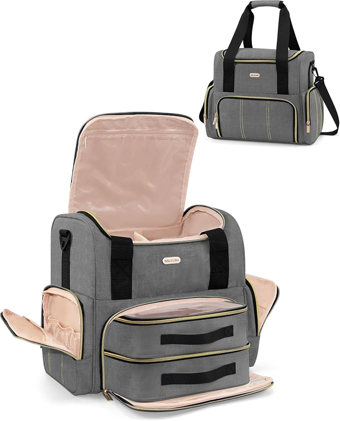 BALULHG Large Travel Makeup Bag with 2 Removable Cases, Cosmetic Bag with Multiple Storage Sections, with Multiple Storage Sections,Double Layer Big Travel Make Up Organizer Case,Travel Toiletry Bag by BALULHG