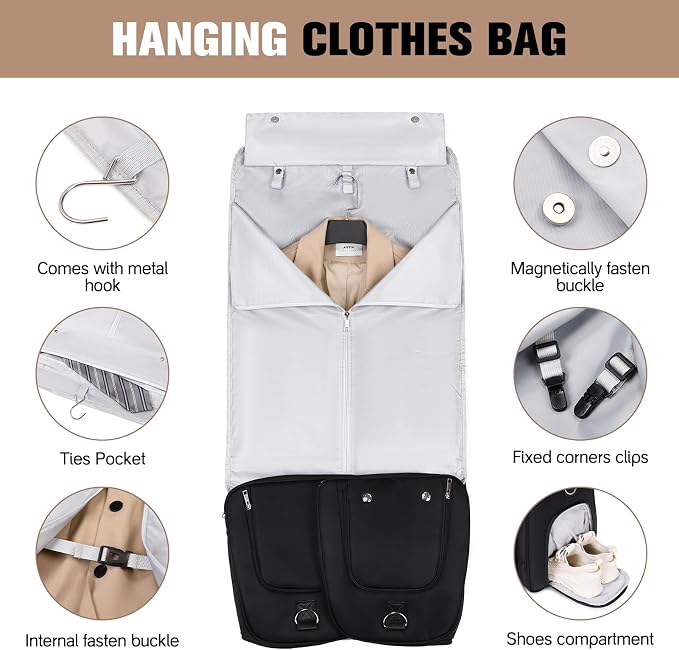 ACESAK Garment Bags for Travel, 2 in 1 Convertible Carry On Duffle Bag Suit Bags Foldable Backpacks with Shoe Compartment & Toiletry Bag, Hanging Bags for Clothes Dress Suit for Men Women Gift (Black) - Image 3