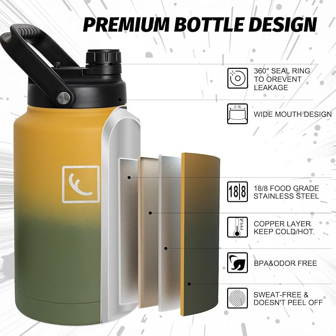 NATURE PIONEOR 1 Gallon (128oz) Insulated Water Bottle Jug with Carrier Bag | 18/8 Food-grade Stainless Steel, Double Vacuum Insulation, Wide-Mouth, Straw & Spout Lid, Strap, Camping, Hiking, Gym, Work - Image 4