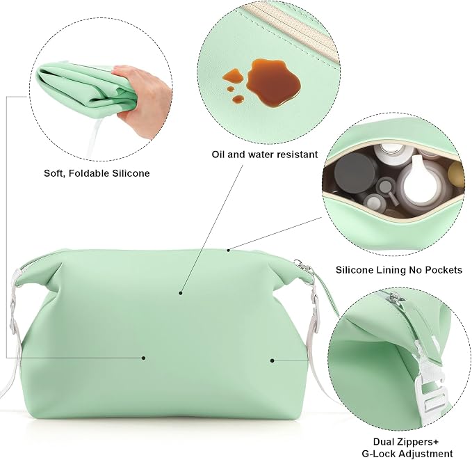 Vomgomfom 6L 13 Inch Silicone Toiletry Bag, Waterproof Leakproof Travel Cosmetic Organizer, Adjustable G-Buckle Compression Dopp Kit, Foldable Makeup Bag for Women & Men (Green, 13" 6L) - Image 7