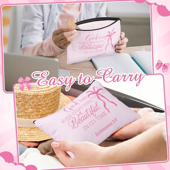 Hillban 36 Pcs Christian Gifts for Women Christian Pink Bow Makeup Bags Bible Verse Cosmetic Bag Inspirational Pencil Case with Zipper Coquette Bowknot Travel Organizer Pouch for Wedding Bachelorette - Image 5