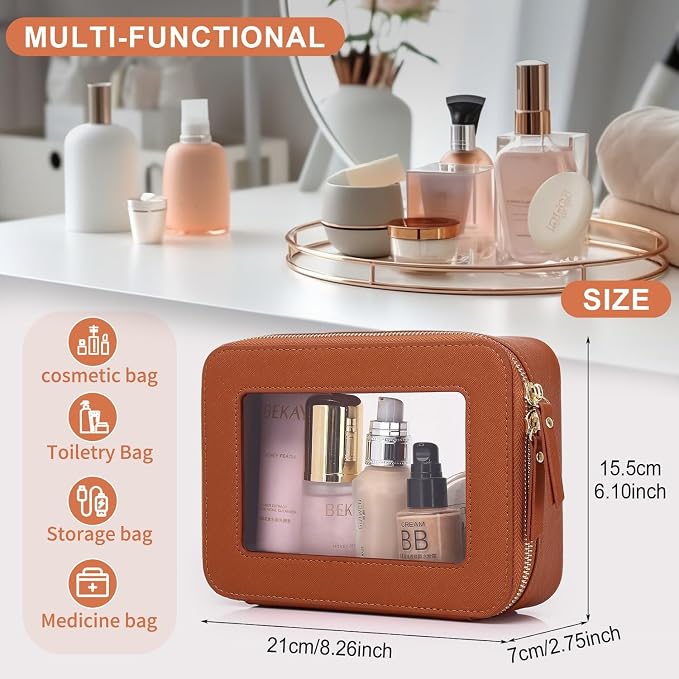 Pinkmik Clear Makeup Bag for Women Waterproof Travel Cosmetics and Toiletries Case Portable Makeup Oaganizer Bag Clear Car Bag with Zipper (X/Brown, M) - Image 3