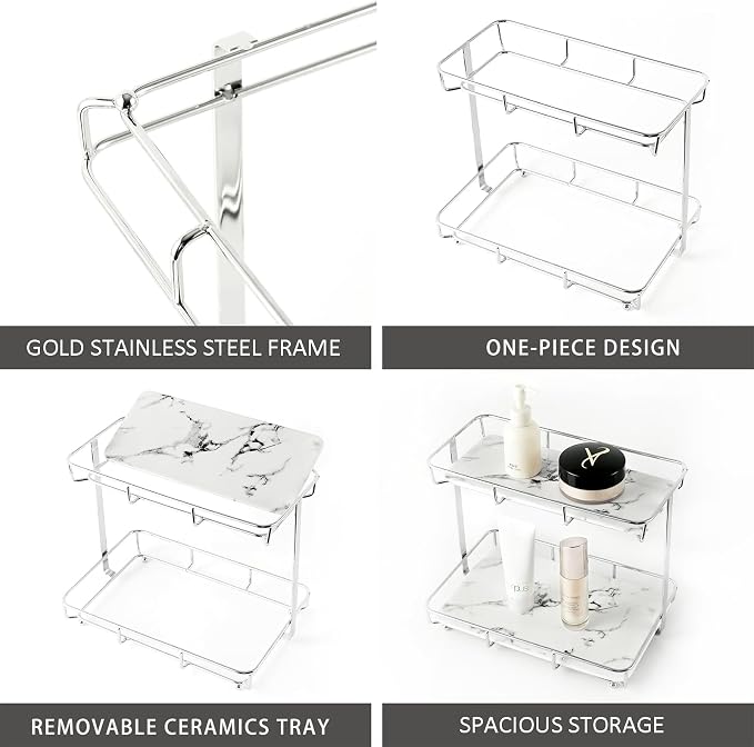 Bathroom Organizer Countertop Perfume Organizer Makeup Organizer Cosmetics Storage Display Rack Vanity Tray Dresser Stainless Steel Gold Shelf White Marble Ceramic Tray (2 Tier L-Sliver) | Perfume Organizer - Image 5