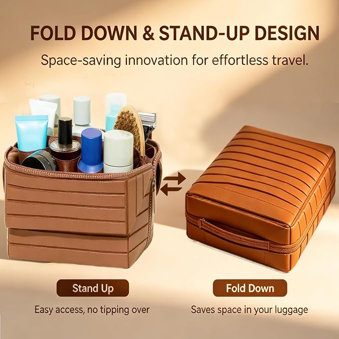 Makeup Bag Fold-Down – Waterproof PVC Travel Makeup Organizer Bag, Fold Down & Stand-Up Design, Large Capacity, Holds Brushes, Cosmetics & Toiletries for Travel, Gym, Home (Brown) - Image 3