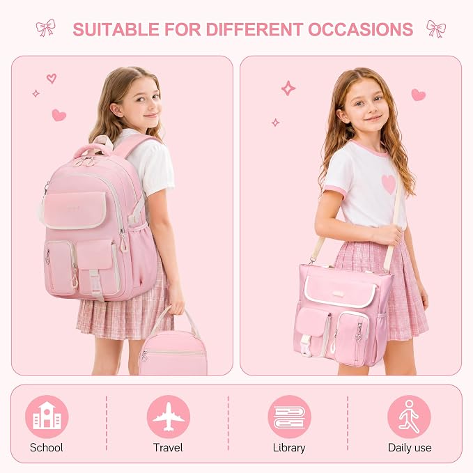 DIGOBAY Backpacks for Girls, 4PCS School Girls Backpack with Tote Bag Lunch Box Pencil Pouch for Teen Kids Elementary Primary Middle High College Travel School bag Bookbag Set, Pink - Image 4