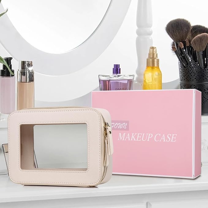 Clear Makeup Bag Women's Waterproof Travel Cosmetic Case and Toiletry Bag Portable Makeup Organizer Bag Car Essential with Zipper (Beige, M) - Image 7