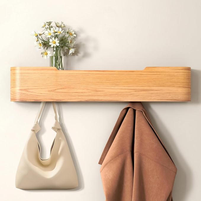 Wall Mounted Coat Rack with Shelf, Wooden Entryway Organizer with Hidden Metal Hooks for Hanging Coats Bags Keys, Modern Floating Shelf for Hallway Bathroom (Oak, 5 Hooks) by VERASCOT