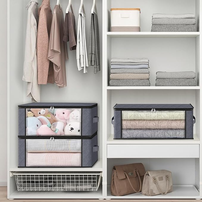 HomeHacks Storage 8-Pack Clothes Organizer Storage Bags Foldable Storage Box with Large Clear Window Sturdy Handles for Closet, Dorm, Pillows, Bedding, Clothes, Blankets, 35L, Grey - Image 5