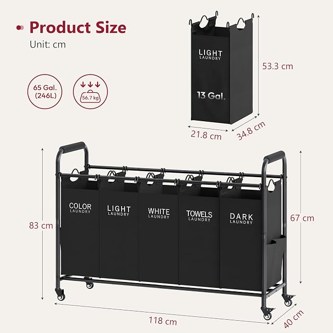 Tajsoon 5 Bag Laundry Sorter Cart, 5 Section Laundry Hamper with Heavy Duty Rolling Lockable Wheels, Laundry Basket Organizer with Removable Bags for Dirty Clothes Storage, Black - Image 7