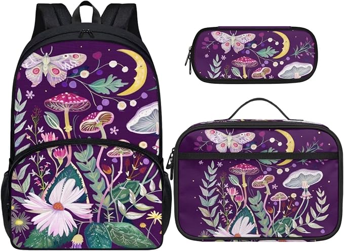 Mushroom Backpack with Lunchbox, School Bag for Girls 10-12 and Lunch Box Kids Backpacks with Lunch Bag for Girl Elementary School 3 in 1 Book Bag Set Lunchbox Pencil Case, Butterfly by Dremagia