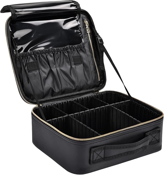 Travel Makeup Bag with Brush Holder, Professional Cosmetic Train Case Organizer for Women, Portable Travel Makeup Brush Carry Case Cosmetic Artist Storage Box with Adjustable Dividers, Leather Black by Greenfeather