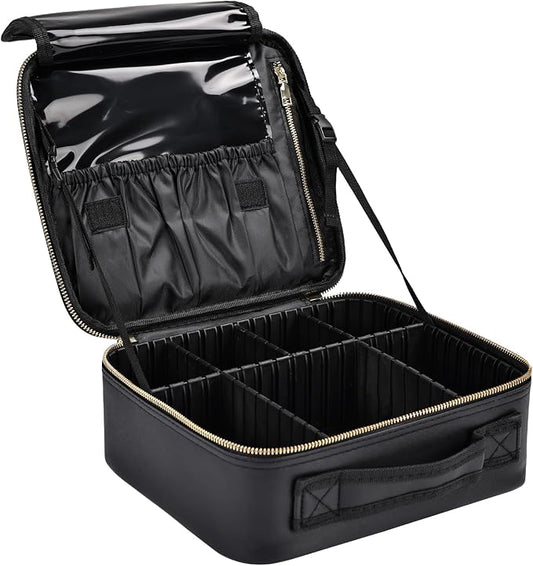 Travel Makeup Bag with Brush Holder, Professional Cosmetic Train Case Organizer for Women, Portable Travel Makeup Brush Carry Case Cosmetic Artist Storage Box with Adjustable Dividers, Leather Black by Greenfeather