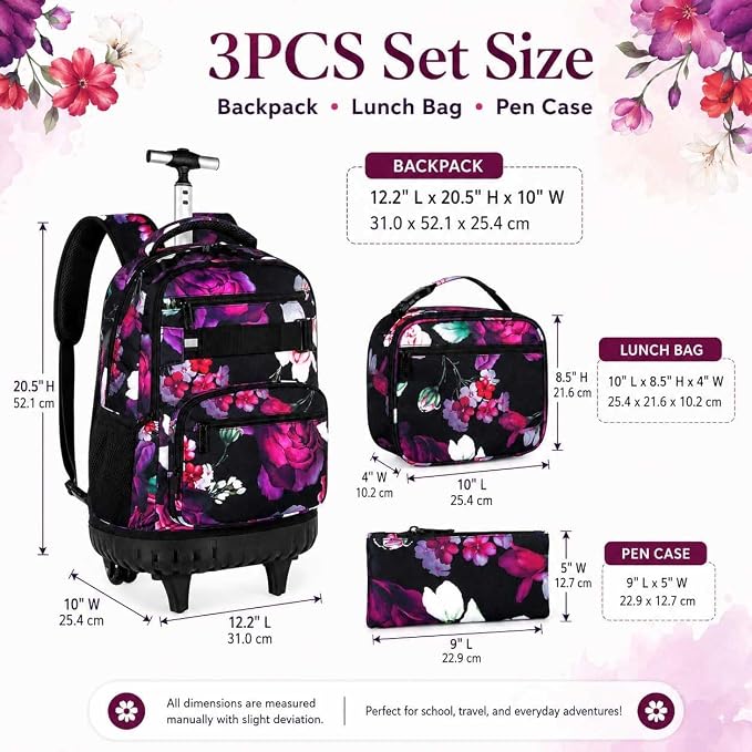 3Pcs Rolling Backpack for Girls, 19 Inche Rose Roller Bag with Wheels, Adults Wheeled Bookbag Set for Women(Black) - Image 4