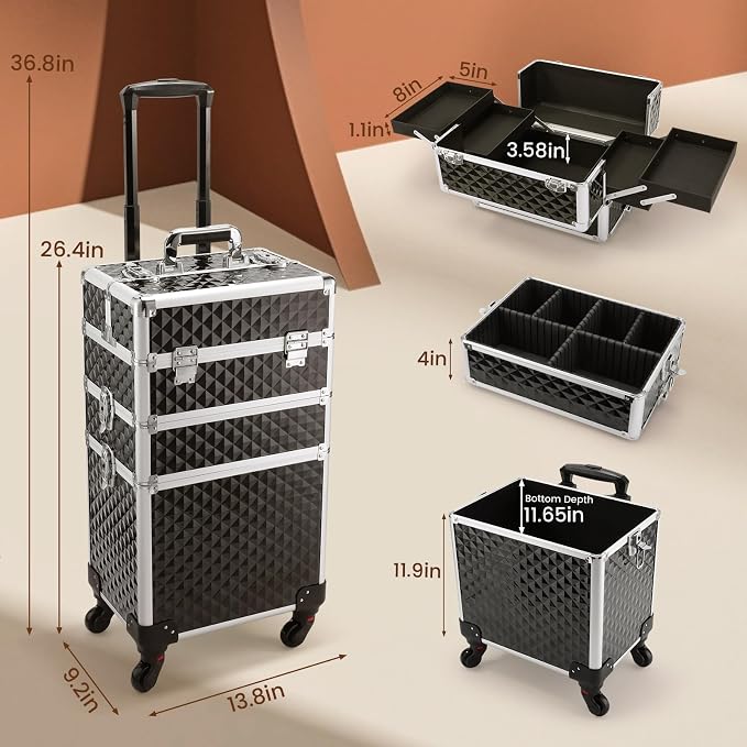 FRENESSA 3 in 1 Rolling Makeup Case Cosmetology Case on Wheel Vintage Black | Cosmetic Trolley Large Storage with Keys 360° Swivel Salon Barber Case Traveling Cart Trunk for Artist Hairstylists Nail Tech - Image 5