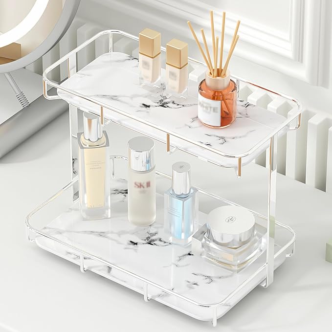 Bathroom Organizer Countertop Perfume Organizer Makeup Organizer Cosmetics Storage Display Rack Vanity Tray Dresser Stainless Steel Gold Shelf White Marble Ceramic Tray by Dobbyby