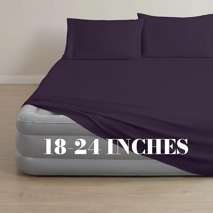 Mocassi 4-Piece Extra Deep Pocket 16-24 Inch Air Mattress Bed Sheet Set- 4PC Sheet Set with Smart Pockets Ideal for Air Beds, RVs, Camping and Guest Rooms Premium Hotel Quality, Queen, Purple - Image 3