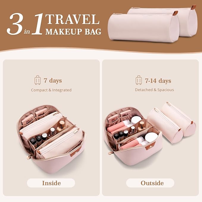 Travel Makeup Bag for Women: 3-in-1 Large Capacity Cosmetics Organizer with 2 Detachable Pouch - Vegan Leather Flat Open Toiletry Bag - Travel Essentials for Full-Sized Bottles(White) - Image 2