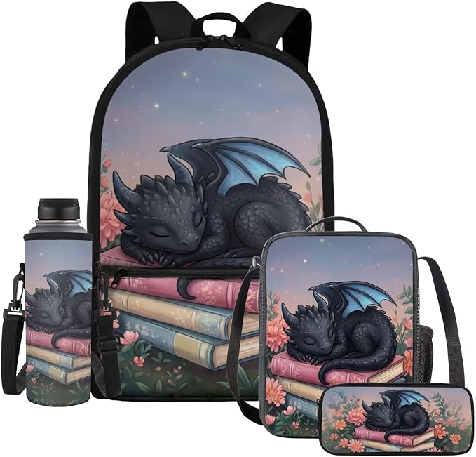 Cute Dragon Backpack Boys Girls Elementary School 4 Piece School Bag Set with Lunch Box and Water Bottle Holder Ages 6 7 8 9 10 11 12, Lightweight Waterproof Bookbag by Dremagia