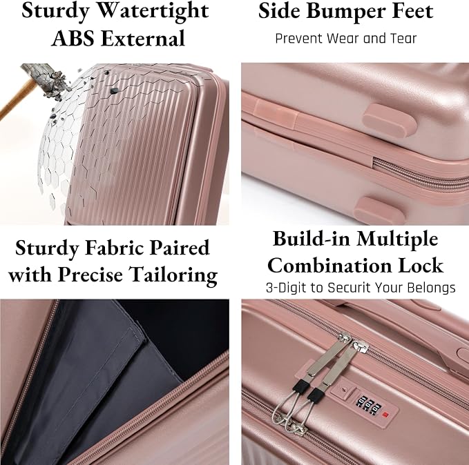 2 Pcs ABS Spinner Luggage Set with Front Opening Design, 14" Cosmetic Case & 20" Carry-On with Combination Lock For Business Trip, Champagne - Image 2