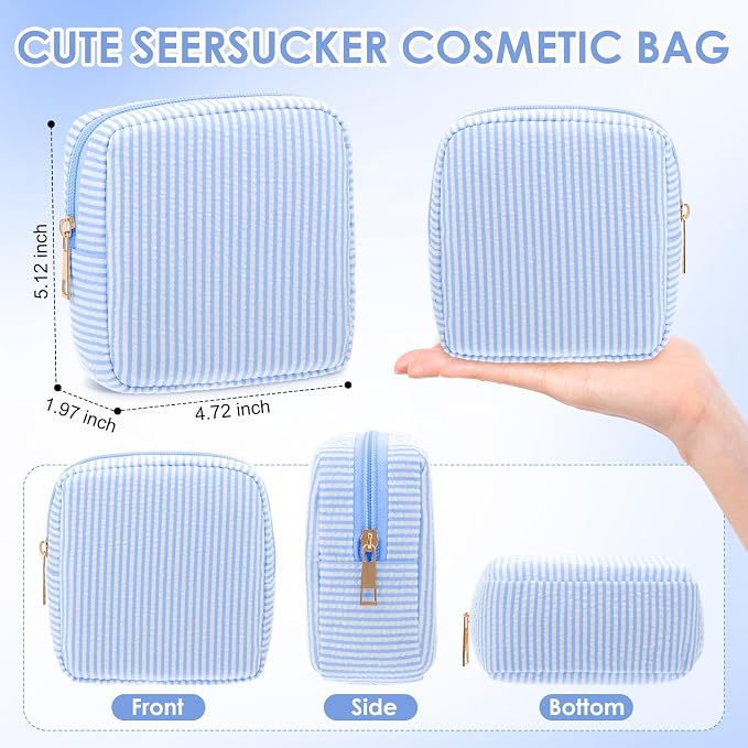 Sanwuta 6 Seersucker Cosmetic Bag Bulk Striped Makeup Bag for Women Aesthetic Cute Travel Toiletry Organizer Preppy Storage Pouch for Wedding Bridesmaid Mother's Day Teacher Gift (Small,Light Blue) - Image 2