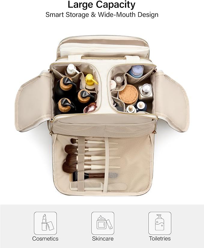 Hanke Travel Toiletry Bag, Lightweight Wide-open Large Toiletry Bags for Women, Dual-Layer Makeup Bag Water-Resistant Cosmetic Travel Bag with Handle for Accessories, Essentials, Off White - Image 2
