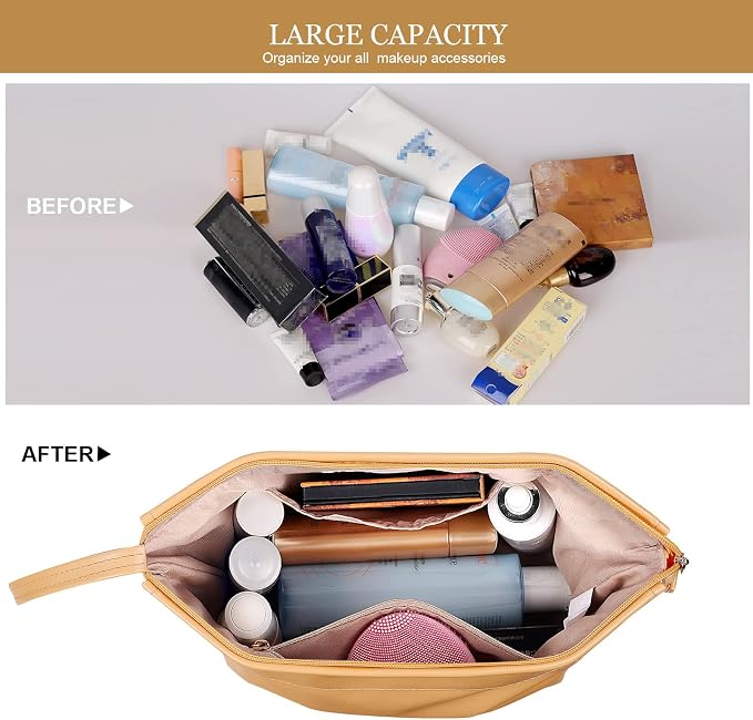 Abiudeng Large Capacity Makeup Bag Ladies Cosmetic Bag Travel Bag with Compartments Portable PU Leather Travel Makeup Bag with Handle - Image 4