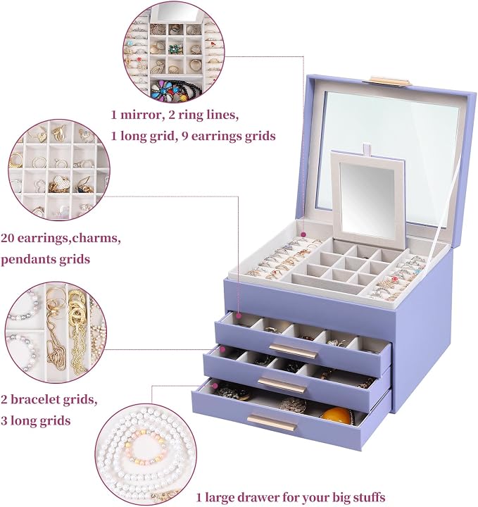 BOOVO Clear Lid Jewelry Box,3 Layers Jewelry Organizer Large Jewelry Storage Box with 2 Drawers,Jewelry Holder Organzier of Rings Earrings Necklace Bracelets for Women (Purple, 4 Layer) - Image 5