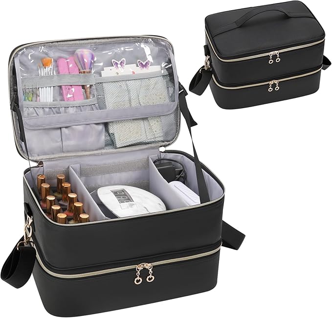 Ethereal Nail Polish Organizer Case, Leather Nail Polish Bag Holds 50+ Bottles (5ml/0.5fl.oz) and Nail Lamp, Nail Storage Organizer with Compartment, Leather Black by Ethereal