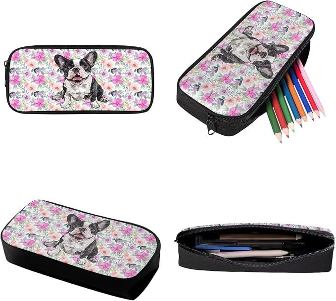 Retro Floral Bulldog Print Backpack Set Schoolbag Boys Girls Large Capacity Bookbag Lunch Box Pencil Case 17 Inch Travel Laptop Backpacks Rucksack Daypack with Zippered Pockets - Image 6
