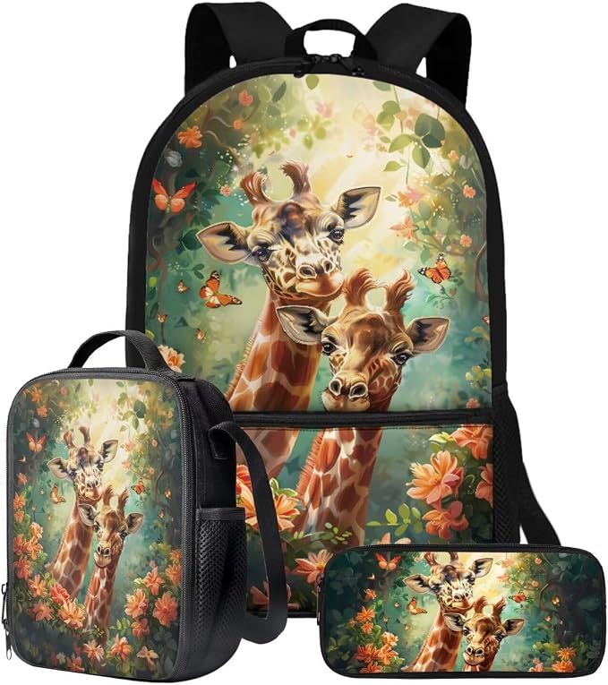 Retro Floral Giraffe Butterfly Print Schoolbag Set Large Capacity Bookbag Lunch Box Pencil Case Girls 17 Inch Travel Backpacks Rucksack Daypack with Adjustable Straps by ZIATUBLES