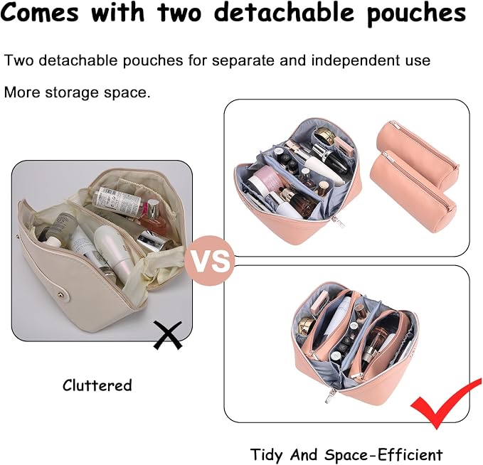 BOYATU Travel Makeup Bag Organizer Cosmetic Bag: 3 Pcs Set Make up Bags for Women with Handle - Waterproof Vegan Leather Toiletry Bags Travel Essentials Pouch with Compartments (C-05-Pink) - Image 4