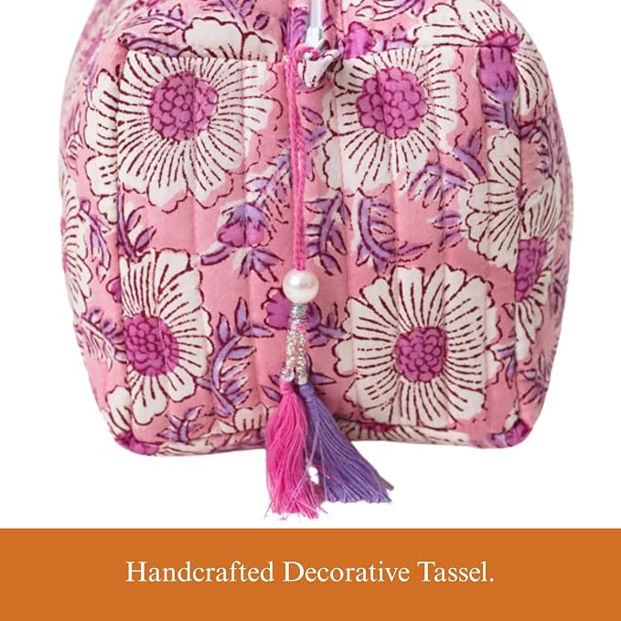 Saffron Marigold Quilted Makeup Bag Set of 3, Hand Block Printed Cotton Cosmetic Bags for Women, Waterproof Lined Travel Toiletry Bag, Coquette Floral Aesthetic, Handmade Gift, Lavendar & Rose Milk - Image 6