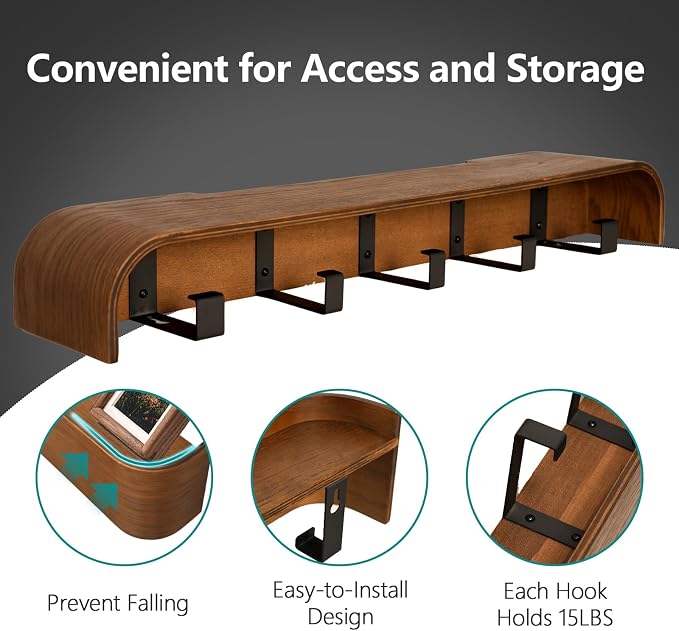 Coat Rack Wall Mount with Hidden Hooks Modern Key Holder Wood Entryway Hook with Shelf for Bedroom Kitchen Hallway Bathroom Designed for Hanging Coats Hats Bags Towel Dog Leashe(Walnut,5 Hooks) - Image 4