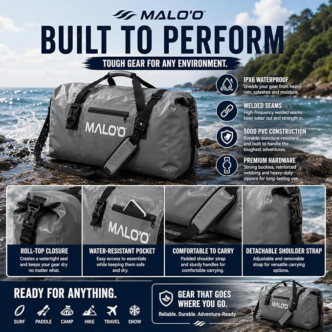 Malo’o Waterproof Dry Duffel, Heavy-Duty Roll Top Waterproof Gear Bag with Shoulder Strap & Molle Loops, Marine Duffel for Kayaking, Boating, Camping, Beach & Travel, Dark Green, 60L - Image 6