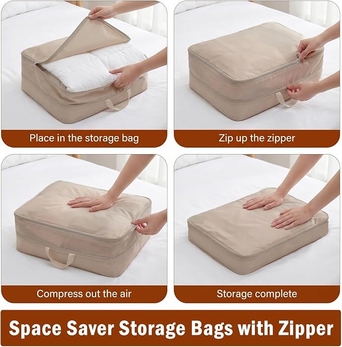 8 Pack Compression Storage Bags, Comforter Storage Bag, Washable Compression Bags, Space Saving Self Compressions Organizer for Blankets Sheets Pillow Lightweight Comforters, Light Brown - Image 6