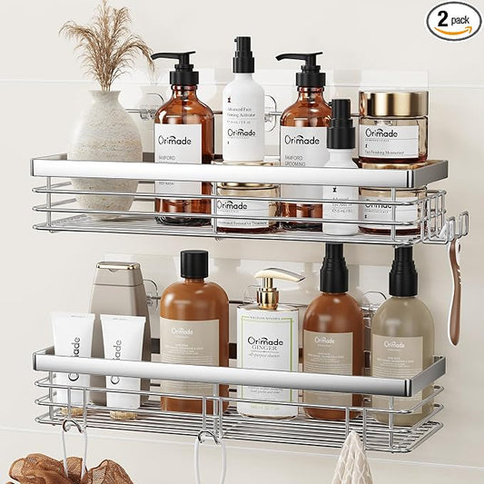 Orimade Shower Caddy with 5 Hooks Organizer for Hanging Razor and Sponge Bathroom Basket Adhesive Shower Shelf Storage Kitchen Rack Wall Mounted No Drilling Rustproof Stainless Steel - 2 Pack by Orimade