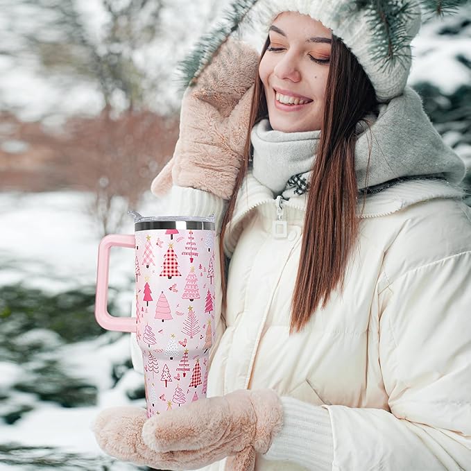 30 Oz Pink Christmas Tree Tumbler With Handle,Pink Coffee Travel Mug Cup Water Bottle,Christmas Tree Decor,Christmas Gifts for Women