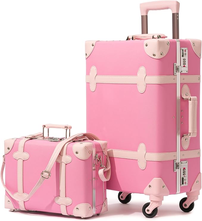 urecity 20" Bubblegum Pink Vintage Luggage Set 2 Piece, Aluminum Frame Retro Suitcase for Women, Vegan Leather Carry On Trunk with Cosmetic Case, TSA Approved (Include Clear Cover) by urecity