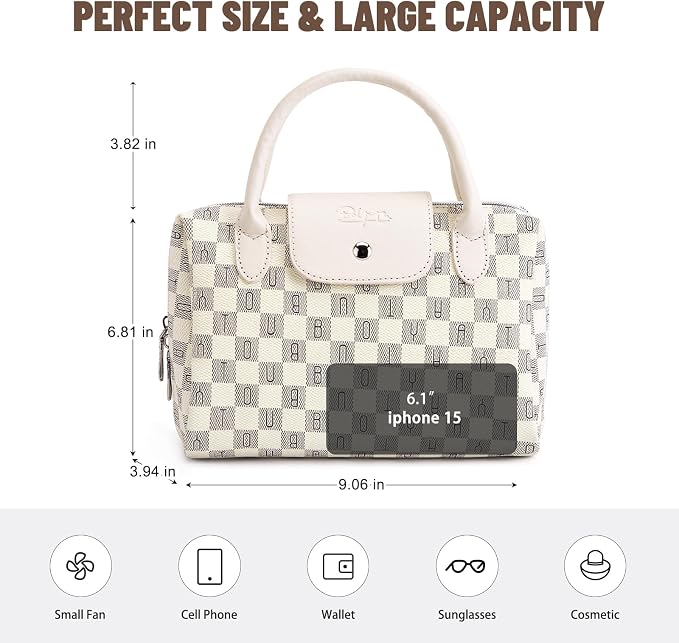 BOYATU Checkered Makeup Bag Organizer with Handle: Large Travel Cosmetic Bag Holds 10+ 100ml Full-Size Bottles for Date & Trip - Waterproof Leather Toiletry Pouch 3-sec Touch-up for Chic Woman(White) - Image 7