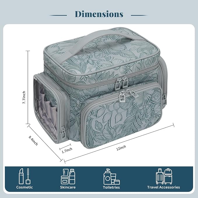 Bagmoly Large Makeup Bag, Portable Travel Makeup Bag Organizer for Women Girls with Makeup Brush Compartment & Two Side Pockets, Cosmetic Travel Bag Vertical Storage Toiletry - Floral Blue - Image 6