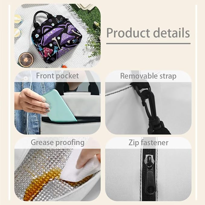 Mushroom Backp 4 Pcs Purple Mushroom Hippie Flower School Bag Set with Lunch Box Water Bottle Bag Pencil Case Durable Casual Travel Ruckpack for Boys Girls Kids Teens - Image 4