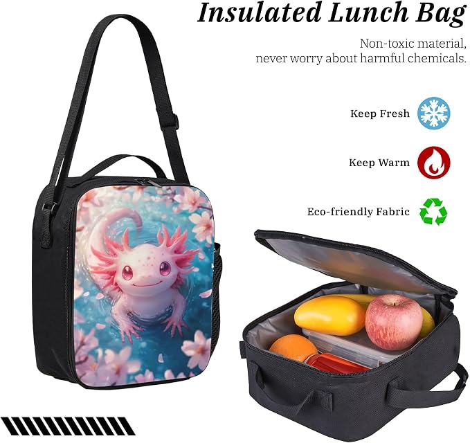 Axolotl Kid Backpack Set with Lunch Bag & Pencil Case Large Capacity School Bag 17 Inch Bookbag for Boy Girl - Image 6