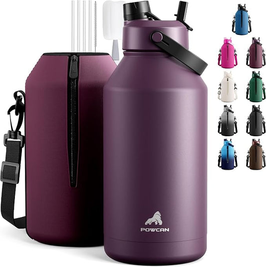 POWCAN 64 oz Insulated Water Bottle with 2-in-1 Straw & Spout Lid, Leakproof, Top Handle, Keep Cold 48H, BPA-Free, Brush, Metal Water Bottle with Carrier Bag for Work, Sports, Travel and Gym (Plum) by POWCAN