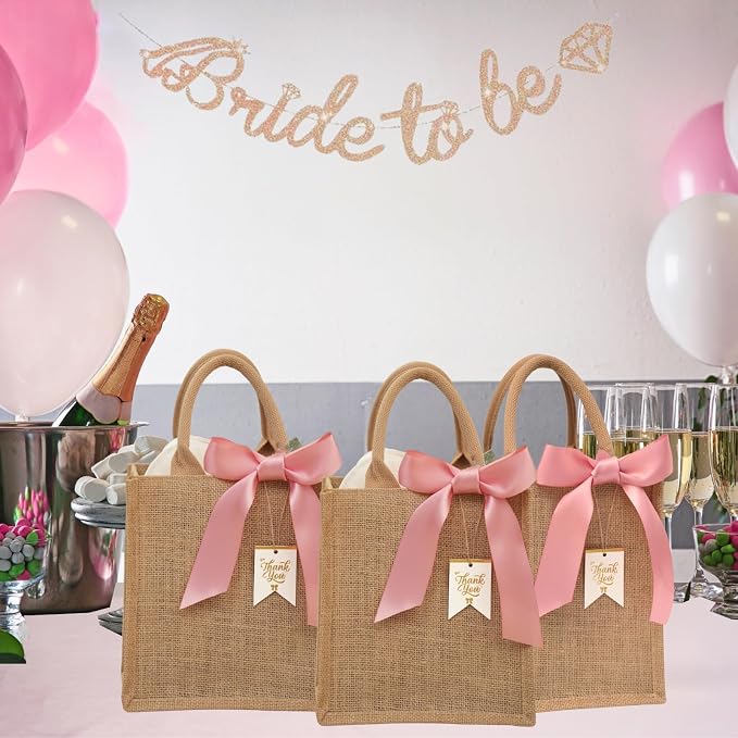 10 Pack Bridesmaid Bachelorette Gift Bags，Bulk Small Burlap Jute Tote for Wedding Welcome Bridal Shower with Pink Ribbon - Image 2