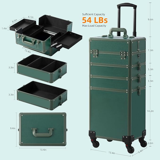 Somduy Makeup Train Case, Rolling Makeup Case with Lid, 5 in 1 Cosmetology Case on Wheels, Christmas Gift, Large Makeup Case Organizers, Profesional Cosmetic Case for Salon Barber, Green - Image 4
