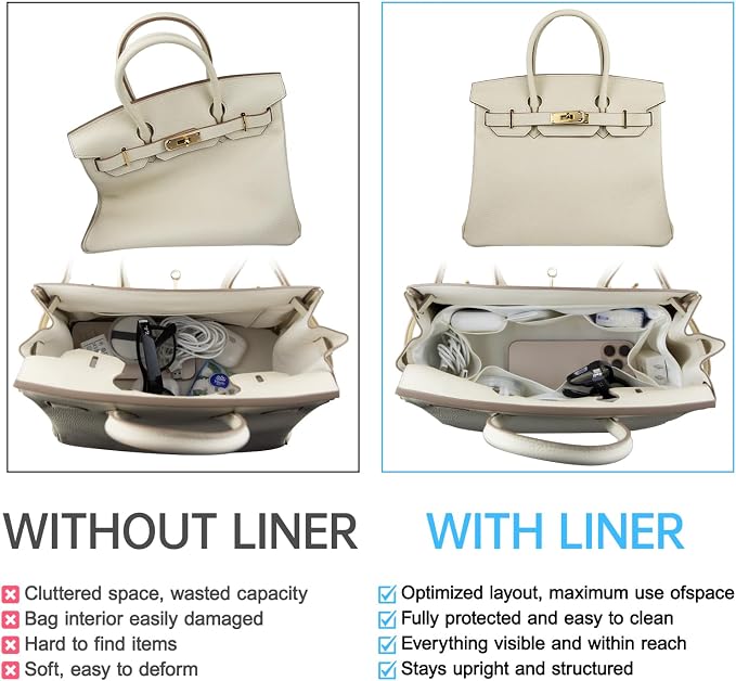 Organizer Insert for Birkin 20/25/30/35/40/45 | Satin Inner Bag Organiser(Size: BK45, Color: Etoupe Grey) - Image 5